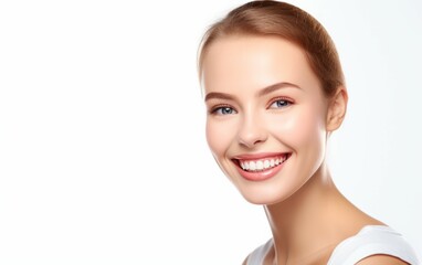 Fototapeta premium Close up photography perfect beauty face of happy young beautiful woman face and positivity with blond hair. skin copy space for your advertisement, Facial skincare concept. Generative ai