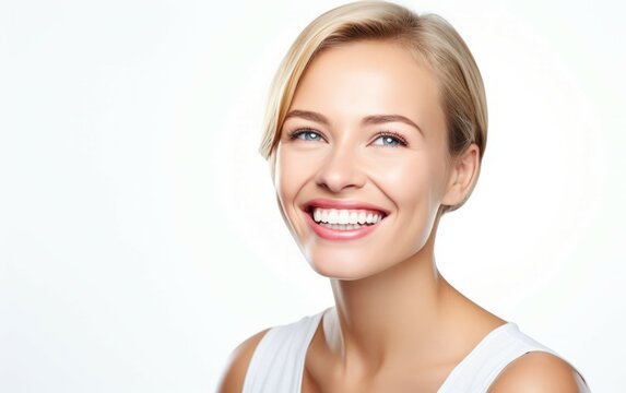 Close up photography perfect beauty face of happy young beautiful woman face and positivity with blond hair. skin copy space for your advertisement, Facial skincare concept. Generative ai