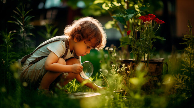 The child follows the grass and insects with help of magnifying glass in the backyard