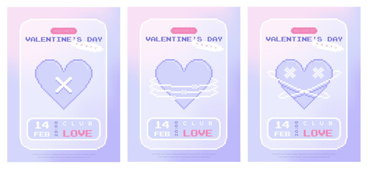 Modern y2k pixel design Valentine's Day party invitation and poster set. Trendy aesthetic minimalist vector illustrations with pixel hearts, abstract shapes, gradient and typography.