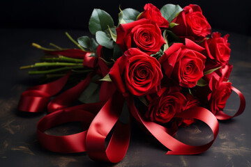 Bouquet of red roses tied with a red ribbon. Generative AI
