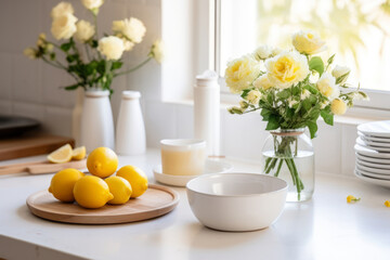 White flowers in vases and lemons on bright sunny kitchen. Generative AI