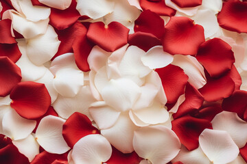 Red and white rose petals. Valentine's day background. Generative AI