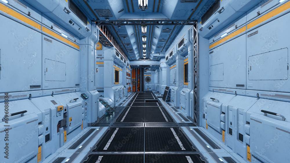 Poster futuristic corridor in a science fiction fantasy space station building. 3d rendering.