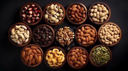 Assortment of nuts in wooden bowls on black background. Top view.