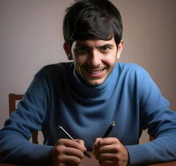 Retrato de estudio hombre joven sonriendo con un jersey azul y con dos bolígrafos en las manos 