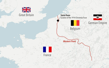 Map showing the location of the 1914 Christmas truce during World War I between France, Great Britain and German empire - obrazy, fototapety, plakaty