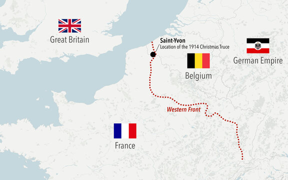 Map showing the location of the 1914 Christmas truce during World War I between France, Great Britain and German empire