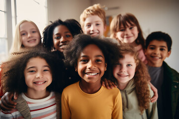 Fototapeta na wymiar Close-up portrait of a group of interracial children of different ages standing together and laughing in a bright room with large windows, generated ai