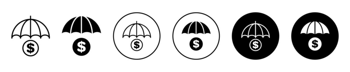 Money Insurance icon. financial money crisis protection safety fund to take care of family life insurance logo symbol vector. dollar with umbrella shows safety of wealth finance budget risk sign ser - obrazy, fototapety, plakaty