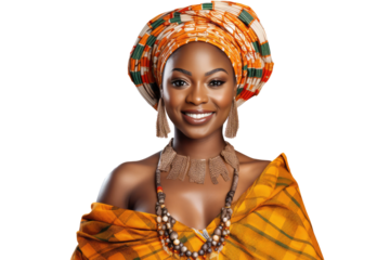 young african american woman wearing traditional dress for kwanzaa festival celebration, on transparent background