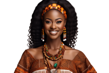 young african american woman wearing traditional dress for kwanzaa festival celebration, on transparent background