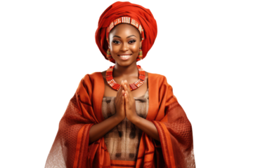 young african american woman wearing traditional dress for kwanzaa festival celebration, on transparent background