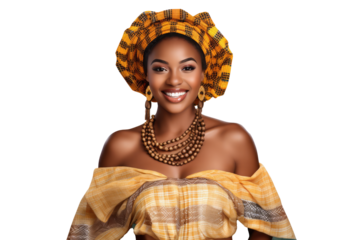 young african american woman wearing traditional dress for kwanzaa festival celebration, on transparent background