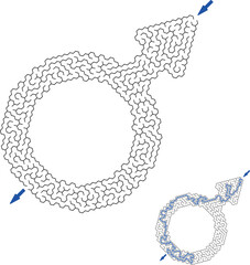 Labyrinth inside the shape of international male gender sign. Mens symbol maze with solution. Creative and original flat puzzle design. Vector illustration