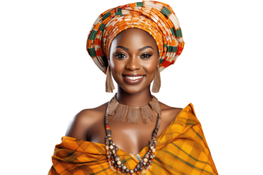 young african american woman wearing traditional dress for kwanzaa festival celebration, on transparent background