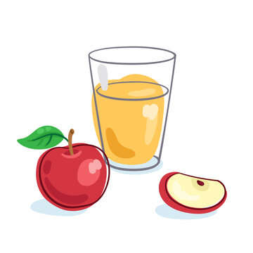 Big glass of apple juice and a fresh apple. Picture in line style. Dark outline with colored spots. Isolated on white background. Vector flat illustration.17