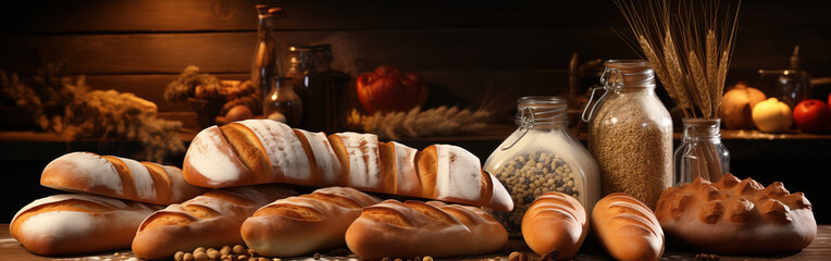 Artisanal bread loaves with wheat sheaves and berries on a rustic wooden backdrop, bakery banner