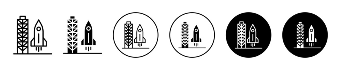 Spacecraft launch icon. spacecraft or spaceship launching facility complex with vertical mount carrier platform structure to support take off of rocket symbol vector set. rocket launch pad platform 
