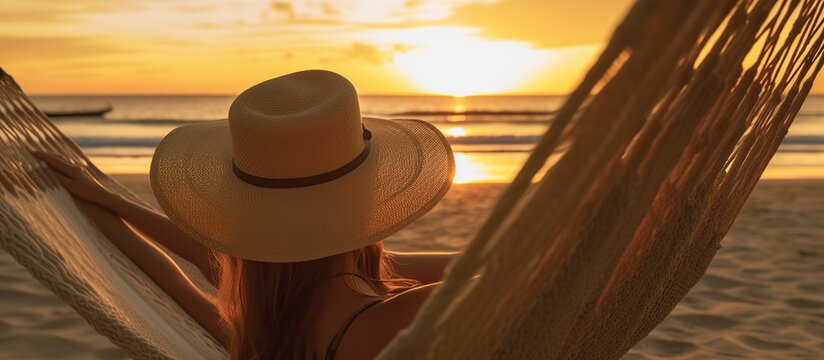 woman in hammock enjoying beach and sunset on tropical beach