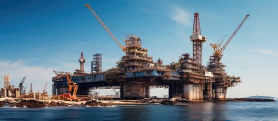 Offshore Rig in the Middle of the Sea at Sunset with a purplish sky - obrazy, fototapety, plakaty