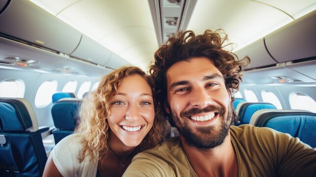 Smiling Tourists Snapping Selfies In The Plane. Happy Young Couple Embarking On A Summer Vacation Adventure. Holidays And Transportation Concept. Generative AI