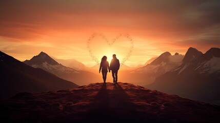 Two people exploring a mountain range and heart in background - 696091143
