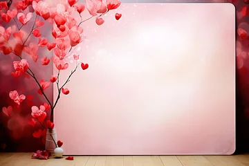 Fotobehang Valentine's Day greeting card mockup with hearts, flowers and blank frame for your words of love © milicenta