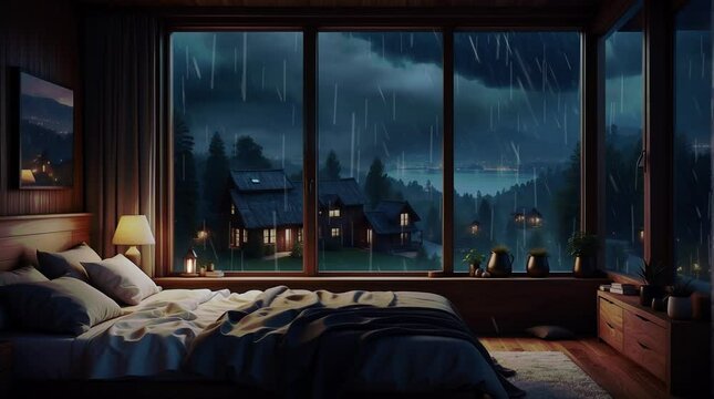 cozy bedroom with rain and storm