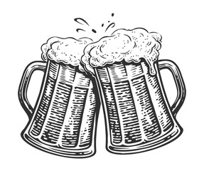 Two toasting beer mugs. Clinking glass tankards full of beer and splashed foam. Cheers, illustration - obrazy, fototapety, plakaty