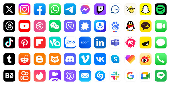 Threads, Instagram, TikTok, X Twitter, Facebook, Whatsapp, YouTube, Telegram, Viber, Snapchat, Pinterest, Reddit, WeChat, Dribbble, Line, Linkedin, Kakaotalk icons