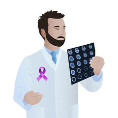 Doctor in white uniform with purple ribbon in hand about ADD, ADHD, Alzheimer's disease, Arnold Chiari malformation, infantile paralysis and stroke, epilepsy