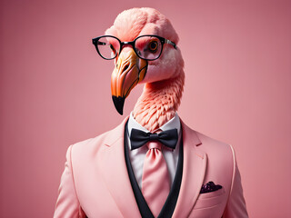 Flamingo wearing glasses and suit for office style or business