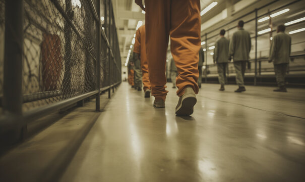 Prisoners legs in jail uniform walking along a corridor