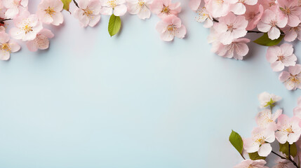 Fototapeta na wymiar Flat lay of spring flowers on blue background with copy space