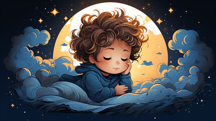 Obraz na płótnie Canvas Niedlicher Junge schläft im Mondlicht Illustration. Cartoon-Stil.