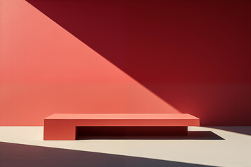 Red rectangular podium casting angular shadows, set against a two-tone background for contemporary showcases