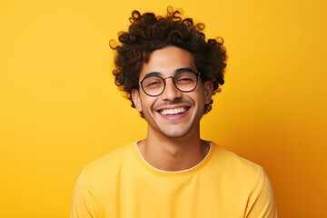 Confident White Man with Glasses Smiling on a Colored Background. Generative AI. - obrazy, fototapety, plakaty