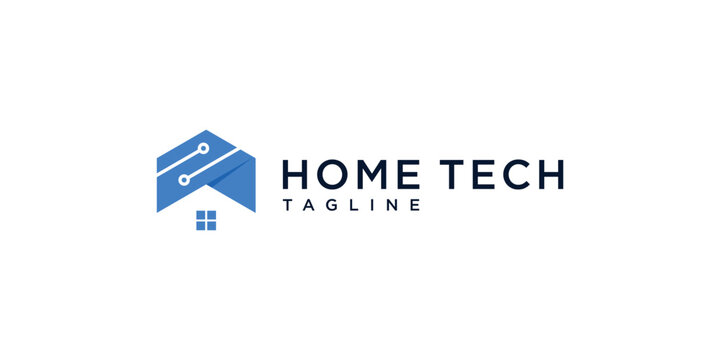 Minimalist home roof with tech digital logo design template.