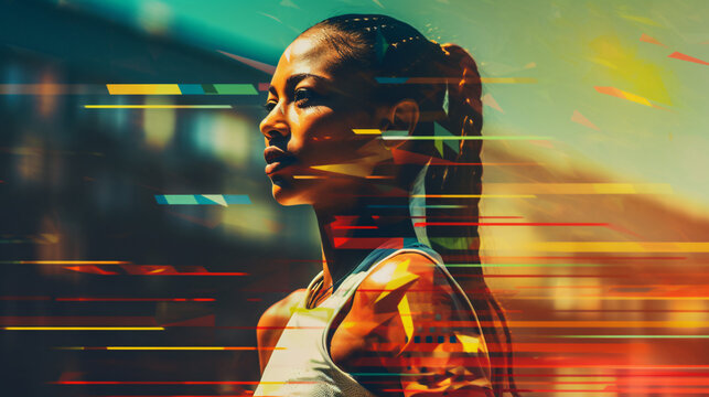 Double exposure of young african american woman with braids in urban background