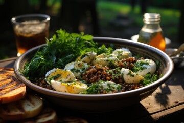 Lentil salad with goat cheese in a picnic in a green field., generative IA - obrazy, fototapety, plakaty