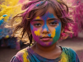 Colorful face of serious  indian child girl in Holi festival.