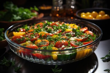 Quinoa salad with colorful vegetables in a glass bowl in a modern kitchen., generative IA