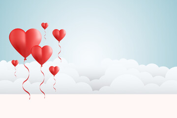 Heart shaped balloons flying on a blue background. Vector symbols of love for Valentine's Day. Vector illustration for your design
