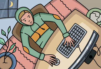 Illustration of young boy in the middle of night which play games on computer in his bedroom