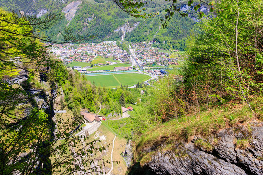 Panoramic view of Meiringen, near Reichenbach falls (Reichenbachfall) at the Swiss Alps in Switzerland
