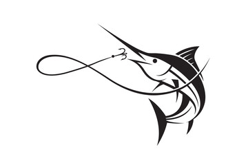 fishing emblem with marlin and hook isolated on white background - obrazy, fototapety, plakaty
