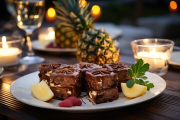 Fototapeta na wymiar Pineapple brownie on a ceramic plate, served on a sea view terrace., generative IA