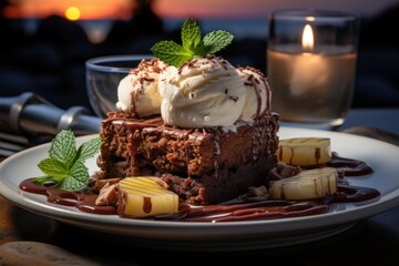 Pineapple brownie on a ceramic plate, served on a sea view terrace., generative IA