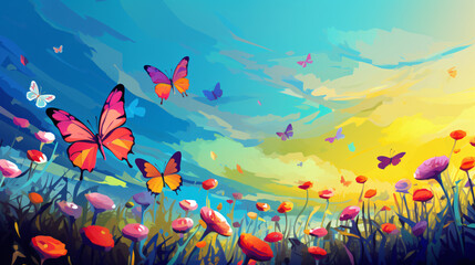 Fototapeta na wymiar colored butterflies on a colored meadow Vector illustration